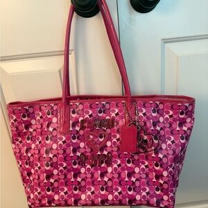 Coach Pink Signature Tote Bag with Leather Trim
